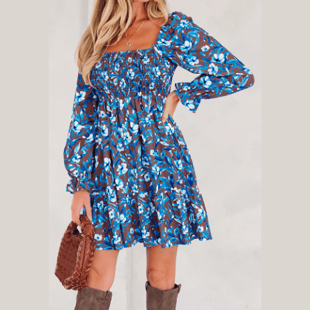 Harlow Blue Smocked Bodice High Waist Ruffled Sleeve Floral Dress
