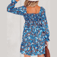 Harlow Blue Smocked Bodice High Waist Ruffled Sleeve Floral Dress