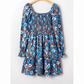 Harlow Blue Smocked Bodice High Waist Ruffled Sleeve Floral Dress