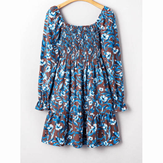 Harlow Blue Smocked Bodice High Waist Ruffled Sleeve Floral Dress