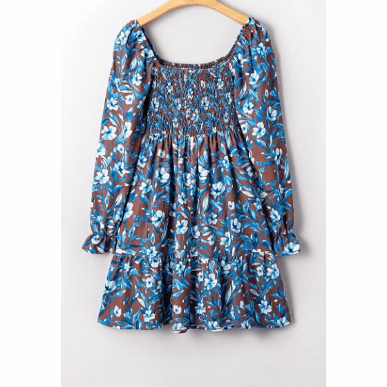 Harlow Blue Smocked Bodice High Waist Ruffled Sleeve Floral Dress