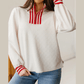 Marquette White Textured Knit Contrast Striped Accent Zipped Collar Pullover Top