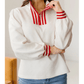 Marquette White Textured Knit Contrast Striped Accent Zipped Collar Pullover Top