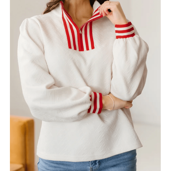 Marquette White Textured Knit Contrast Striped Accent Zipped Collar Pullover Top