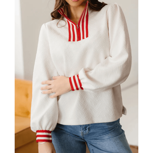 Marquette White Textured Knit Contrast Striped Accent Zipped Collar Pullover Top
