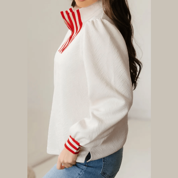 Marquette White Textured Knit Contrast Striped Accent Zipped Collar Pullover Top