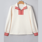 Marquette White Textured Knit Contrast Striped Accent Zipped Collar Pullover Top