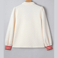 Marquette White Textured Knit Contrast Striped Accent Zipped Collar Pullover Top