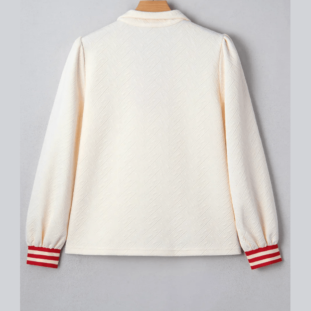 Marquette White Textured Knit Contrast Striped Accent Zipped Collar Pullover Top