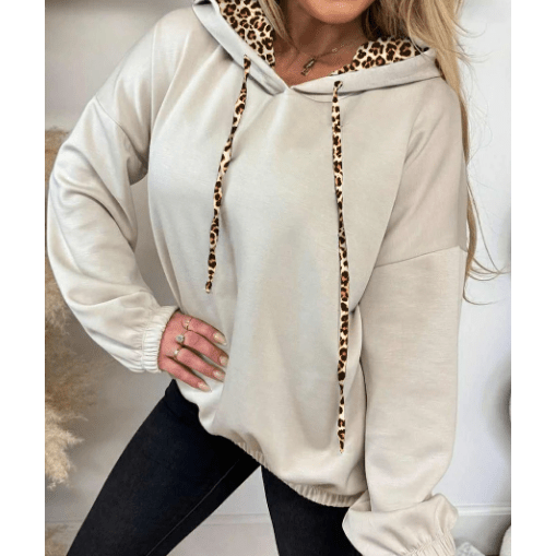 Cherish Beige Leopard Contrast Drawstring Hood Drop Shoulder Loose Top