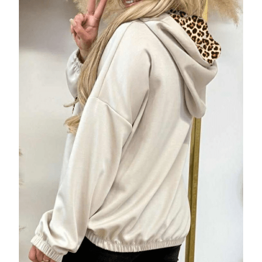 Cherish Beige Leopard Contrast Drawstring Hood Drop Shoulder Loose Top