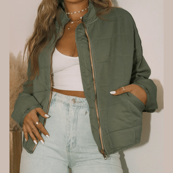 Netty Green Zip-Up Pocket Quilted Jacket