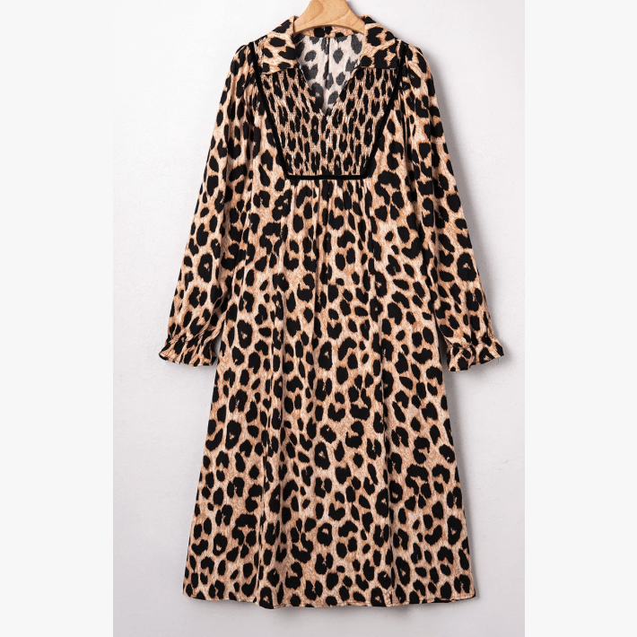 Kacey Brown Leopard Print Smocked Detail Flowy Midi Dress