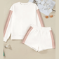 Torian White Color Block Patchwork Drop Shoulder Pullover Casual Shorts 2pcs Outfit