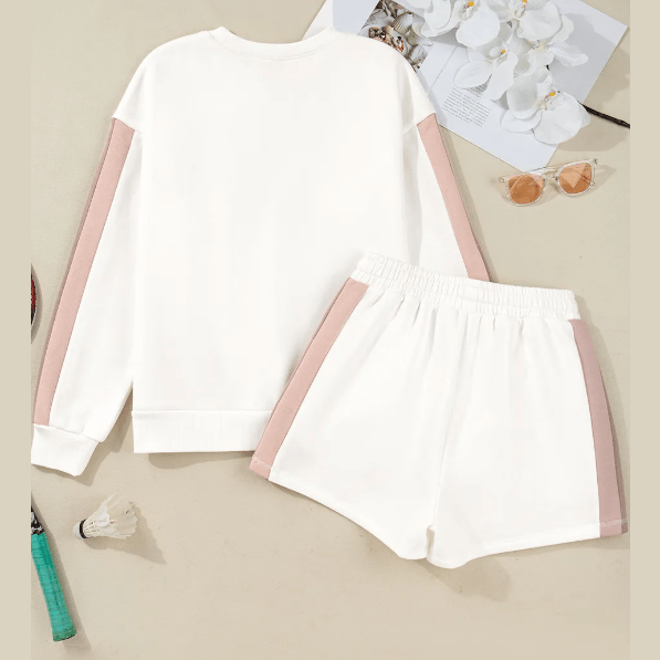 Torian White Color Block Patchwork Drop Shoulder Pullover Casual Shorts 2pcs Outfit