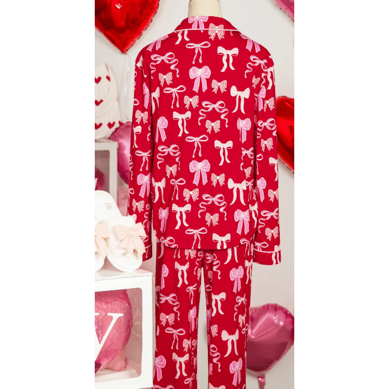 Juna Red Sweet Bow Print Shirt Style Top Long 2pcs Pajama Set