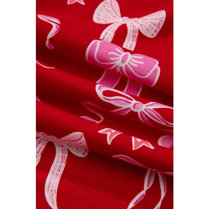 Juna Red Sweet Bow Print Shirt Style Top Long 2pcs Pajama Set