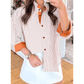 Dolly Khaki Stripe Color Block Patchwork Detail Frilled Collar Button Down Shirt
