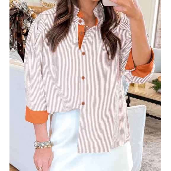 Dolly Khaki Stripe Color Block Patchwork Detail Frilled Collar Button Down Shirt