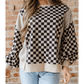 Zana Khaki Mixed Checkered Pattern Patchwork High Low Casual Top