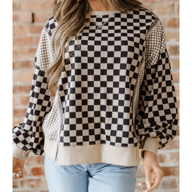 Zana Khaki Mixed Checkered Pattern Patchwork High Low Casual Top