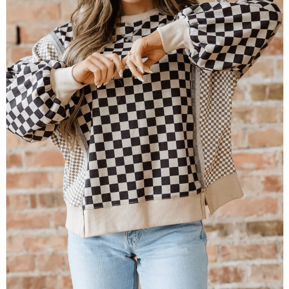 Zana Khaki Mixed Checkered Pattern Patchwork High Low Casual Top