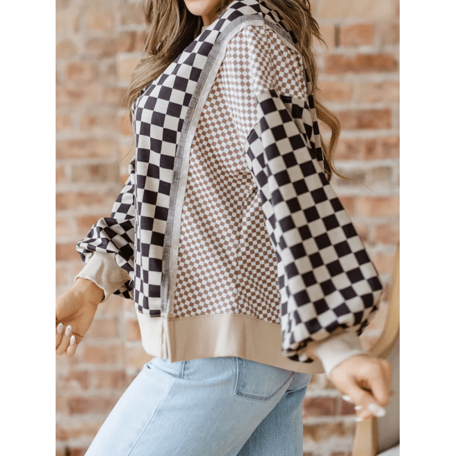 Zana Khaki Mixed Checkered Pattern Patchwork High Low Casual Top