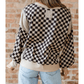 Zana Khaki Mixed Checkered Pattern Patchwork High Low Casual Top