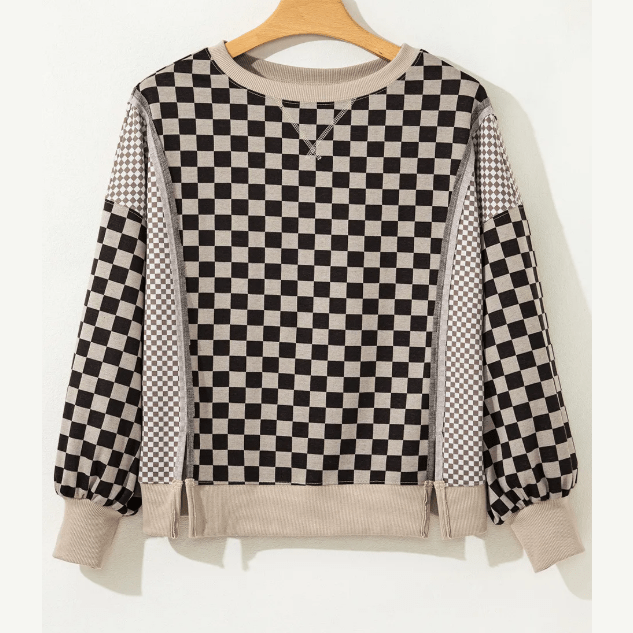 Zana Khaki Mixed Checkered Pattern Patchwork High Low Casual Top