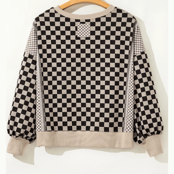 Zana Khaki Mixed Checkered Pattern Patchwork High Low Casual Top