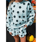 Marci Sky Blue Polka Dot Print Drop Shoulder Pullover Drawstring Shorts Set