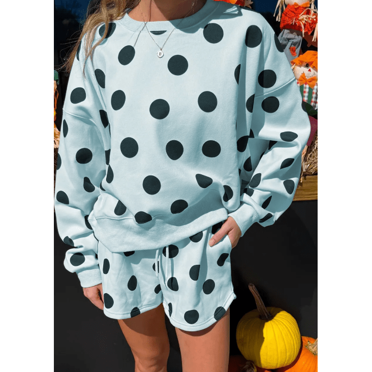 Marci Sky Blue Polka Dot Print Drop Shoulder Pullover Drawstring Shorts Set