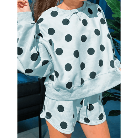 Marci Sky Blue Polka Dot Print Drop Shoulder Pullover Drawstring Shorts Set