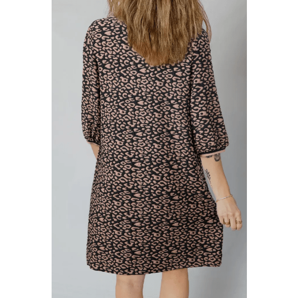 Kizzie Black Leopard Print Bubble Sleeve Shift Mini Dress