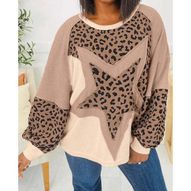 Eunice Light French Beige Leopard Star Color Block Patchwork Textured Baggy Sweatshirt
