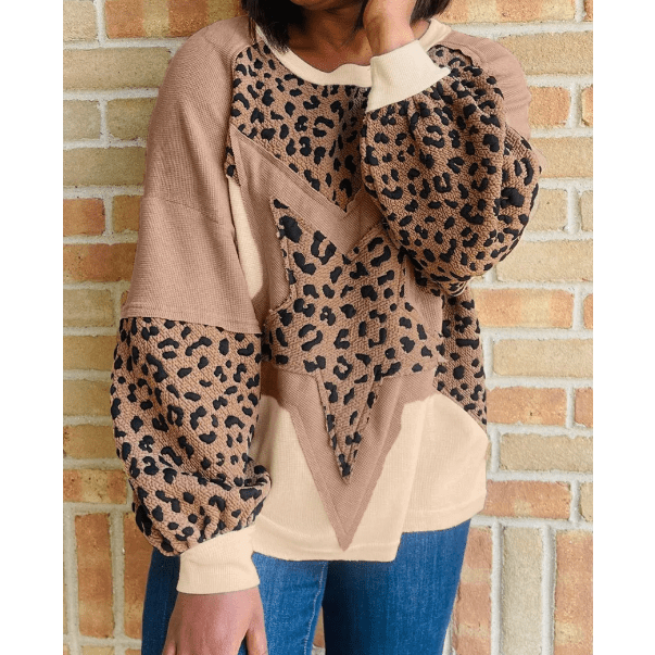 Eunice Light French Beige Leopard Star Color Block Patchwork Textured Baggy Sweatshirt