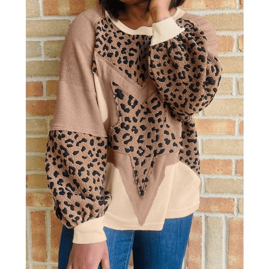 Eunice Light French Beige Leopard Star Color Block Patchwork Textured Baggy Sweatshirt
