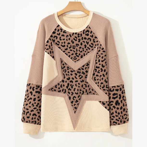 Eunice Light French Beige Leopard Star Color Block Patchwork Textured Baggy Sweatshirt