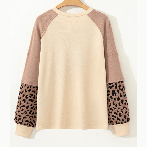 Eunice Light French Beige Leopard Star Color Block Patchwork Textured Baggy Sweatshirt