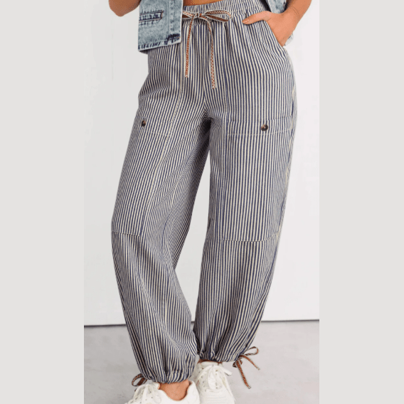 Sommer Khaki Stripe Button Patch Pocket Drawstring Elastic Waist Loose Pants