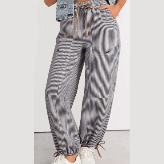 Sommer Khaki Stripe Button Patch Pocket Drawstring Elastic Waist Loose Pants