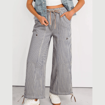 Sommer Khaki Stripe Button Patch Pocket Drawstring Elastic Waist Loose Pants