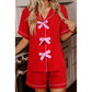 Judy Fiery Red Contrast Trim Ribbon Bow Short Silky 2pcs Pajama Set