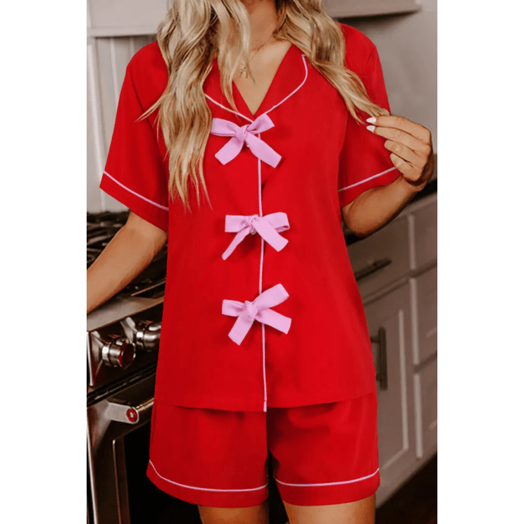 Judy Fiery Red Contrast Trim Ribbon Bow Short Silky 2pcs Pajama Set