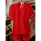Judy Fiery Red Contrast Trim Ribbon Bow Short Silky 2pcs Pajama Set