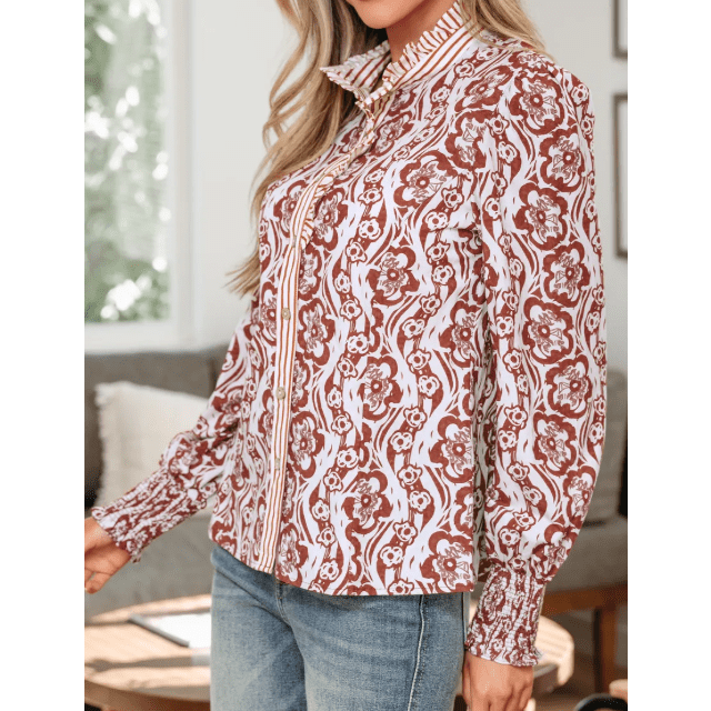 Tammie Floral Print Frilled Striped Trim Button Down Smocked Cuffs Long Sleeve Shirt