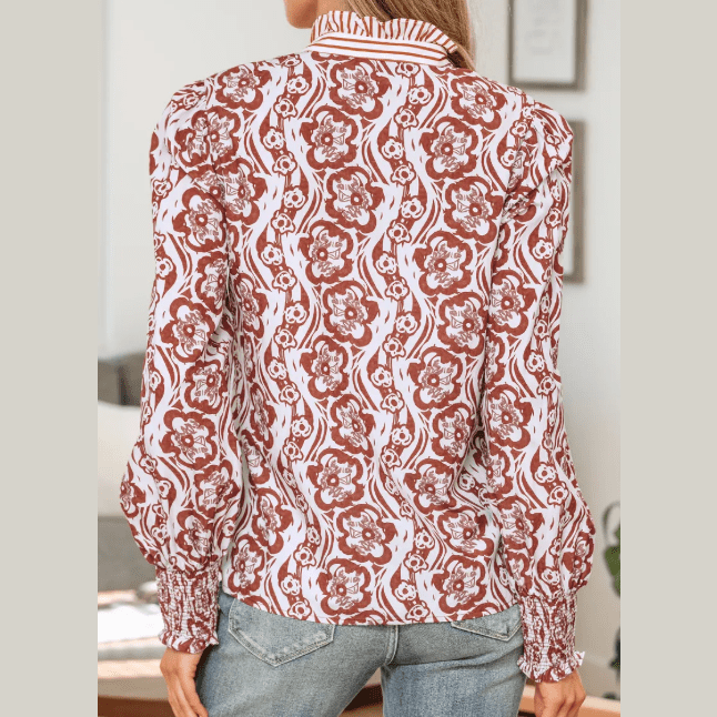 Tammie Floral Print Frilled Striped Trim Button Down Smocked Cuffs Long Sleeve Shirt