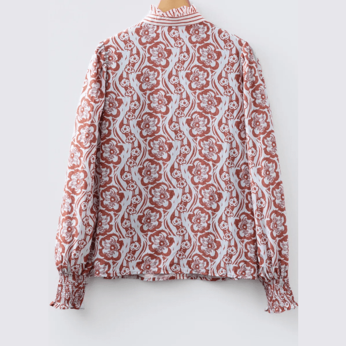 Tammie Floral Print Frilled Striped Trim Button Down Smocked Cuffs Long Sleeve Shirt