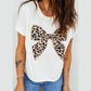 White Leopard Bow Embroidered Cotton Round Neck T Shirt
