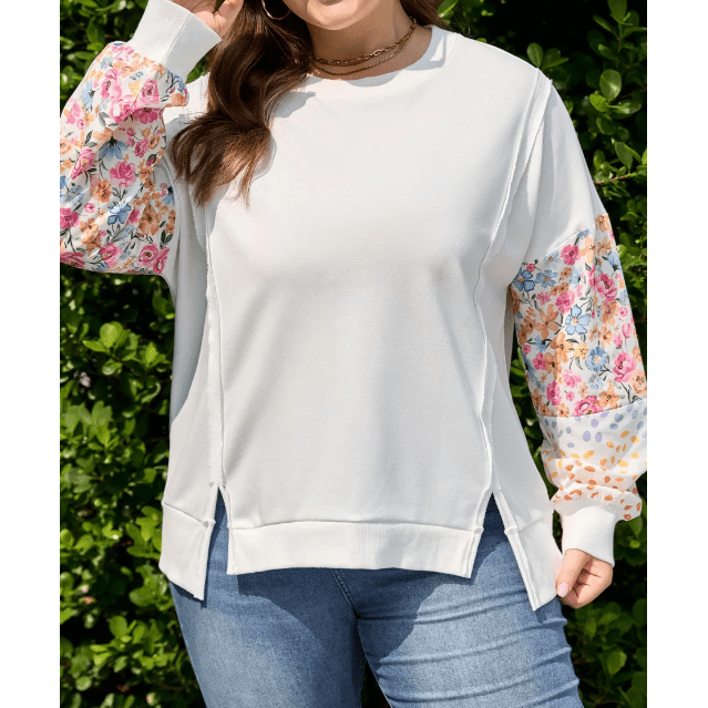 Clarisse White Plus Size Exposed Seam Detail Contrast Dot Floral Patchwork Sleeve Sweatshirt